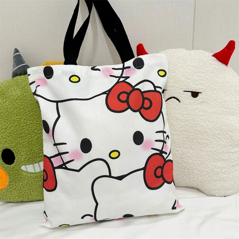 Hello Kitty Canvas Bag Kawaii Anime Student Portable Large Capacity Makeup Wash Commuting Cartoon Storage Bags Girls Gift