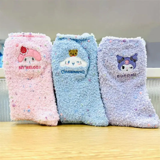 Hello Kitty My Melody Winter Colors Socks Made of Coral Fleece Thickened Insulation Cute Cartoon Sleep Sock Gift for Girl