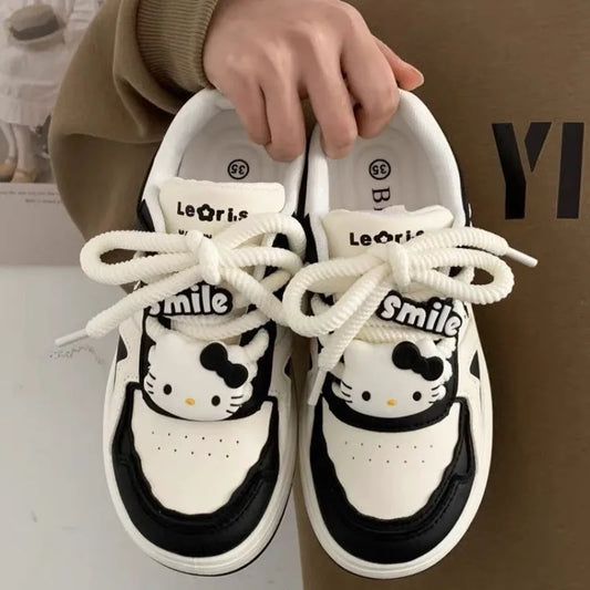 Hello Kitty Panda Black White Kawaii Girl Bread Shoes Preppy Style Lolita Platform Sneakers Y2k Student Skateboard Shoes