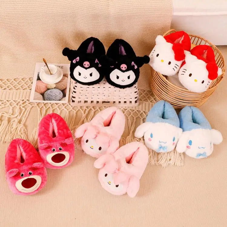 Cartoon Sanrioed Kuromi Hello Kitty Y2K Plush Slippers Women Melody Cinnamoroll Anime Kawaii Winter Home Cotton Shoes Soft Girl