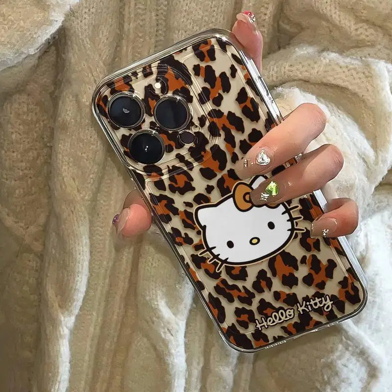 Original Leopard Hello Kitty Phone Case For iPhone 16 15 14 13 12 11 Mini Pro Max X XR XS Max 6S 6 7 8 Plus SE 20 Cover