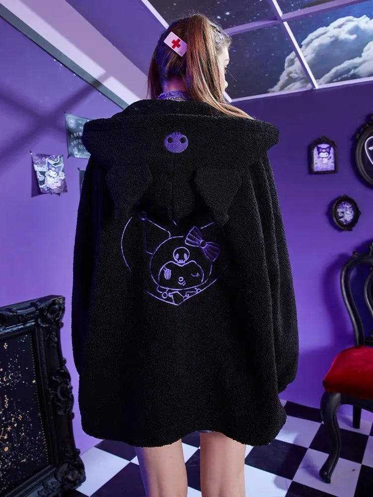 Anime Kuromi Clothes Women Black Embroidery Hoodies Y2k Tops Autumn Winter Thin Coat Female Fashion Loose Sweatshirt