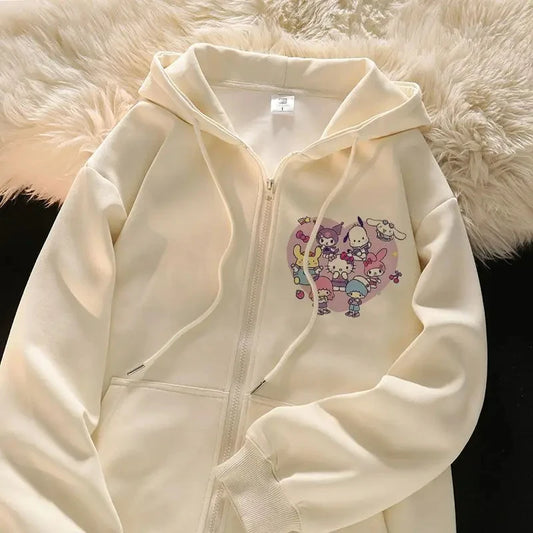 2025 New Hello Kitty Jacket 2000s Zip Hoodie White Sweatshirt Young Women Fall Winter Kawaii Lolita Jacket Student Tops