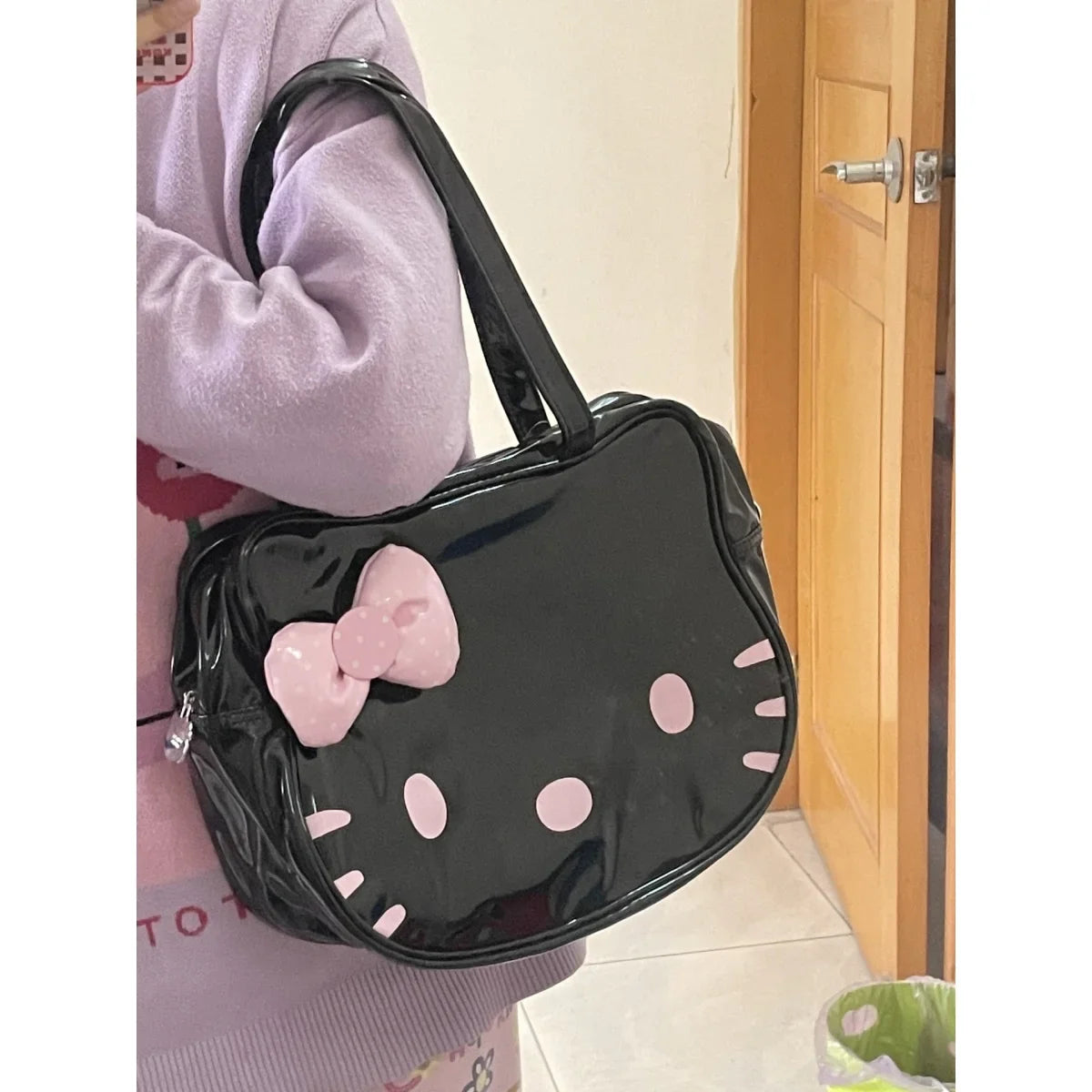 Hello Kitty Womens Shoulder Bag Black Leather Cute Bow Harajuku Fashion Cartoon Tote Bag New Style Casual Female Handbag