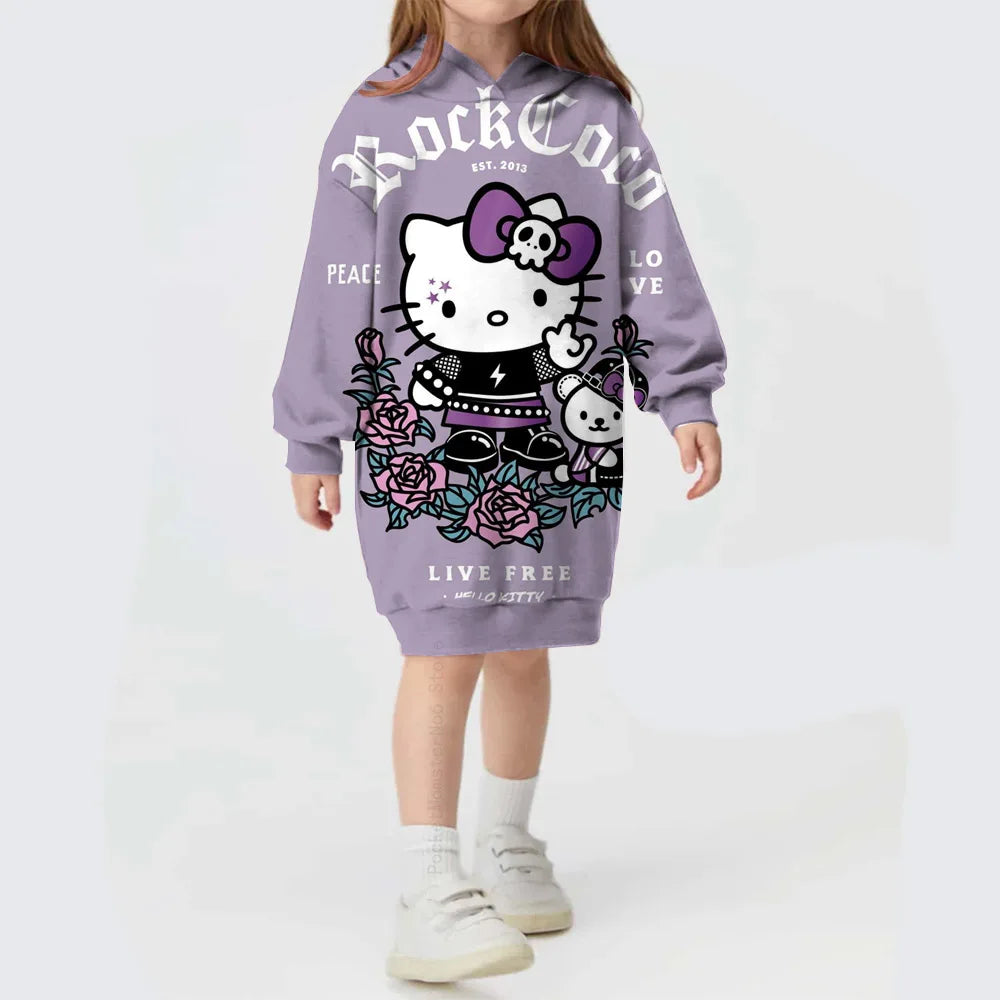 Girls Hooded Dress for Autumn Winter Kids Hello Kitty Kuromi print Dress Girl Striped Long Sleeve Clothes Kids Hoodies Dresses