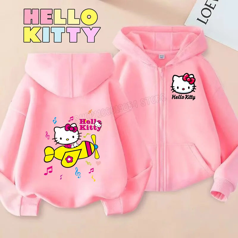 Hello Kitty Zipper Hoodies Girls Sweatshirt Autumn and Winter Long Sleeve Harajuku Pullovers Casual Hooded Tops Birthday Gift