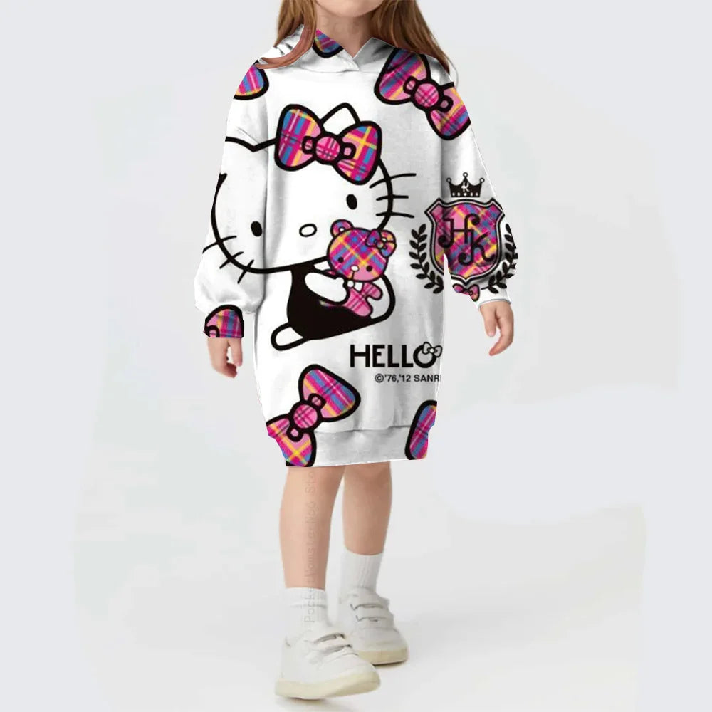 Girls Hooded Dress for Autumn Winter Kids Hello Kitty Kuromi print Dress Girl Striped Long Sleeve Clothes Kids Hoodies Dresses