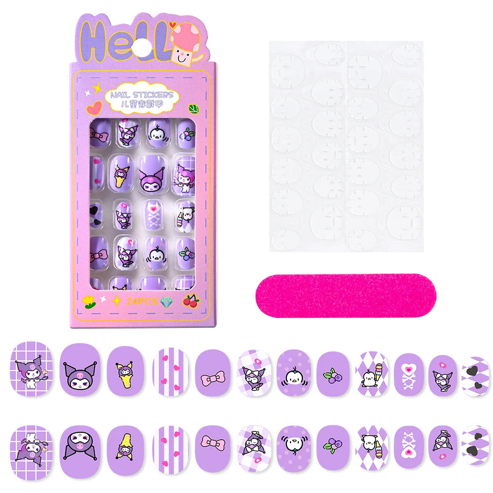 24Pcs Cartoon Hello Kitty Press on Nails Sanrio Series Pink/Blue/Purple Kuromi Kawaii Fake Nail for 6 years+ School Girl