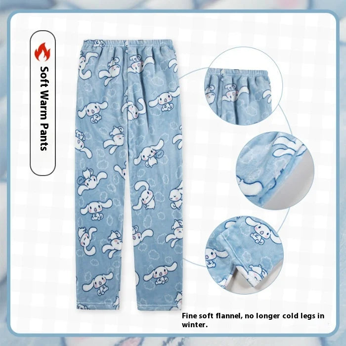 Miniso Hello Kitty Kuromi Sleeper Pants With Flannel Thick Fleece For Warmth Casual Cute Cartoon Pattern Girl Christmas Clothing