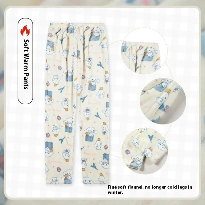 Miniso Hello Kitty Kuromi Sleeper Pants With Flannel Thick Fleece For Warmth Casual Cute Cartoon Pattern Girl Christmas Clothing