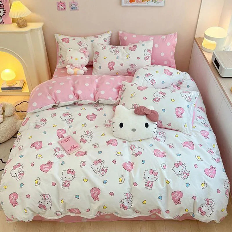 Hello Kitty 4Pcs/set Kawaii Anime Cartoon Bedding Quilt Cover Student Bedding Soft Microfiber Bedspread Lightweight Coverlet