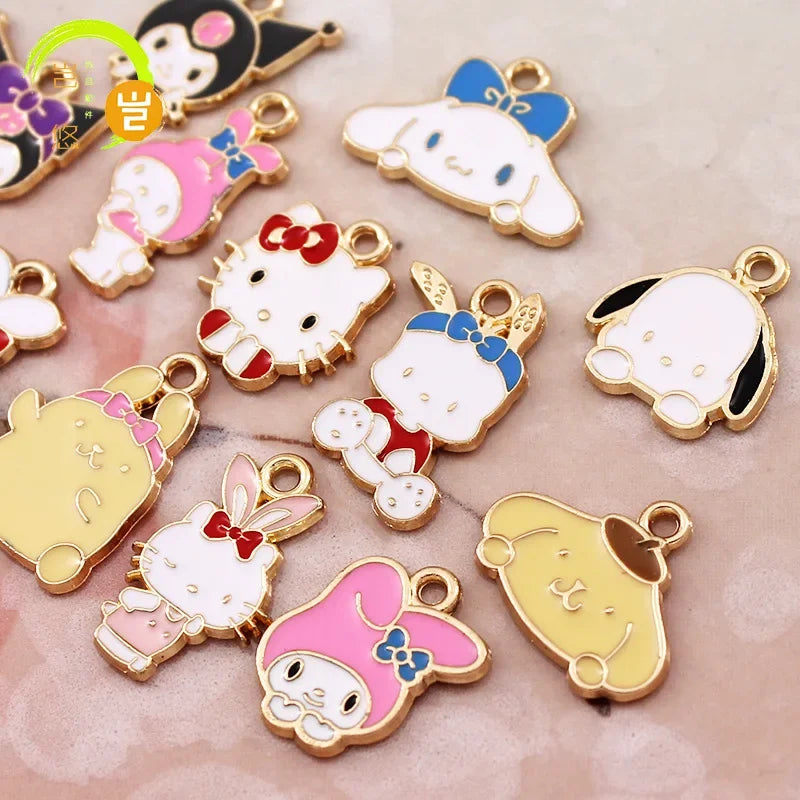 10PCS Accessories Korean Cartoon Kawaii Hello Kitty Kuromi Mymelody Diy Handmade Jewelry Cute Alloy Drip Oil Pendant