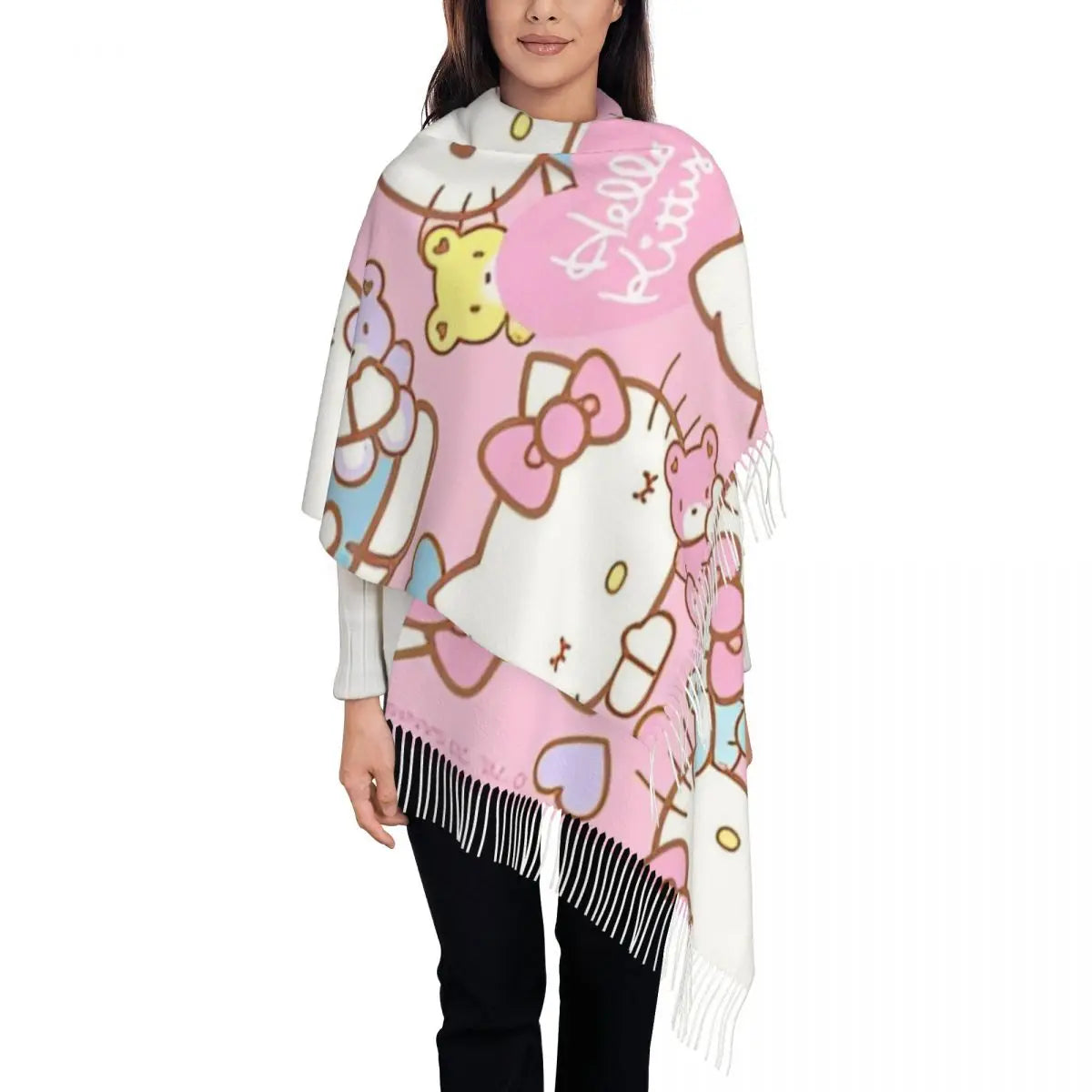 Women's Scarf with Tassel Hello Kitty Cartoon Long Winter Fall Shawl and Wrap Gifts Cashmere Scarf