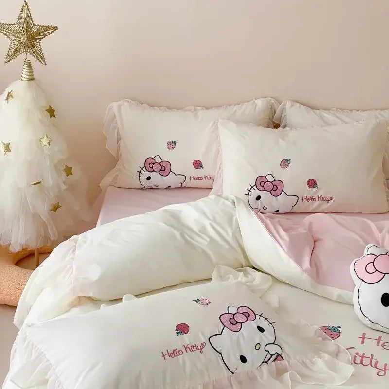 Hello Kitty Anime Kawaii MINISO Cotton Bed Sheet 4-piece Set Kt Cat Cartoon Cute Embroidery Quilt Set Bed Decoration Gifts Toys