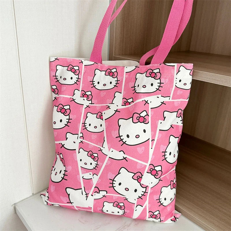 Hello Kitty Canvas Bag Kawaii Anime Student Portable Large Capacity Makeup Wash Commuting Cartoon Storage Bags Girls Gift