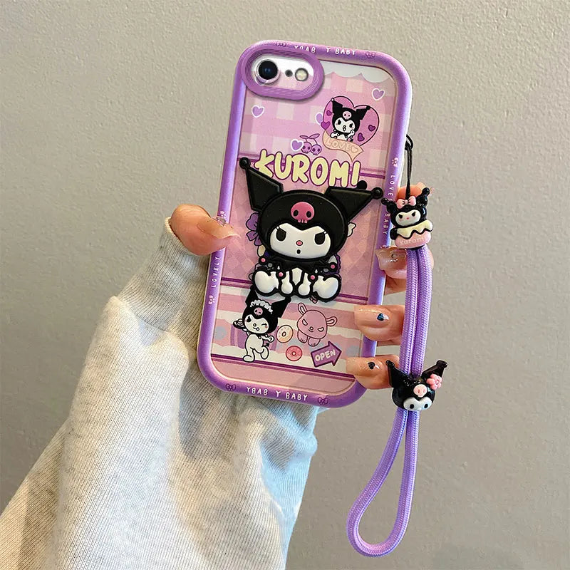 For iPhone 8plus 7 8 6 6s Plus SE 2020 2022 So Cute 3D Cartoon Kuromi Pochacco Toy Phone Case Multistep Hand Strap Cover