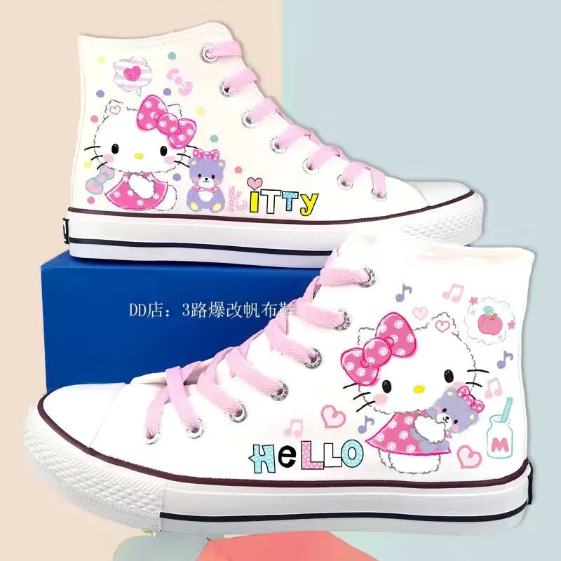 Kitty Lolita Shoes High Top Canvas Shoes for Women Hello Kitty Printed Student Casual Flat Sneakers 2024 New Women Shoes