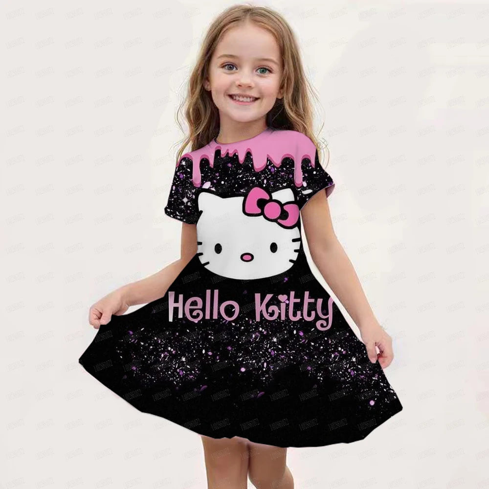 Hello kitty Kuromi Summer Dress Girl Dresses Children Dresses Miniso Cosplay 3d Cartoon Print Cute 2024 Girl Clothing Vestidos