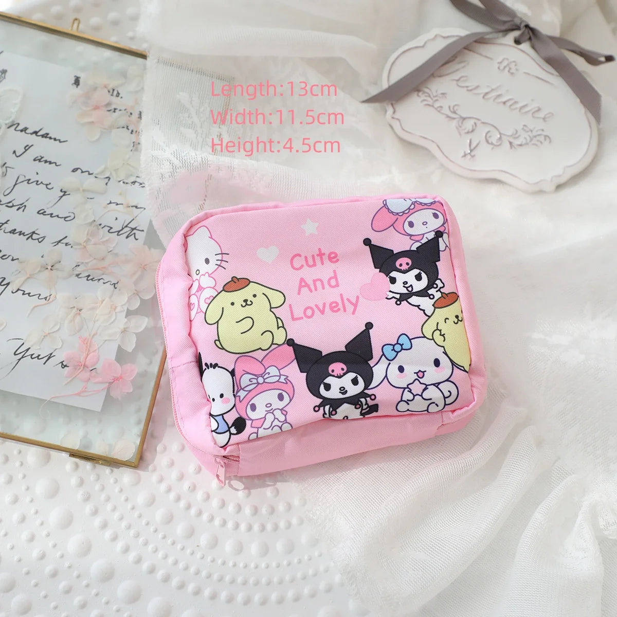 Hello Kitty Cinnamoroll Kuromi Cartoon Girl Sanitary Napkin Storage Bag MakeUp Bag Coin Purse  Card Holder Bag