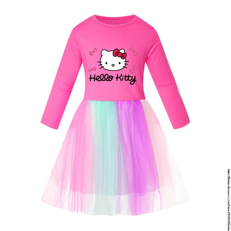 New Hello Kitty Kids Clothes Long Slevess Dresses Cotton Rainbow Full Dress Teen Cartoon Girl Clothing Party Clothes 2-7Years