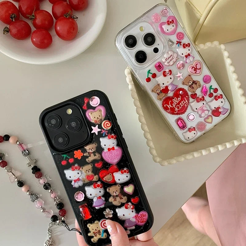 3D Cute Cartoon Y2K Hello Kitty Sticker Bling Glitter Phone Case For iPhone 16 15 14 13 12 11 Pro Max Transparent Cover