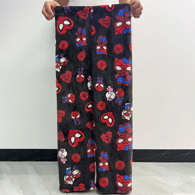 Cotton Velvet Hello Kitty Spider-man Unisex Loose Pajama Set with Long Pants Comfortable Fit, Perfect for Sleep Casual Home Wear