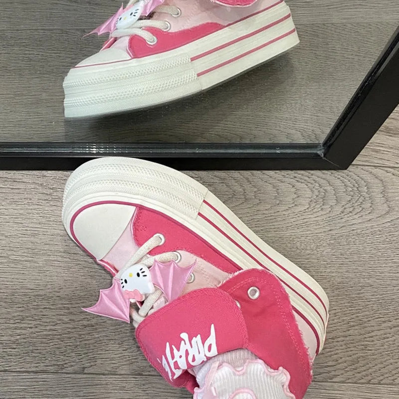 Hello Kitty High Top Canvas Skateboard Sneakers with Bat Wings Clips for Women Trendy New Thick Sole Lace-up Cute Board Shoes