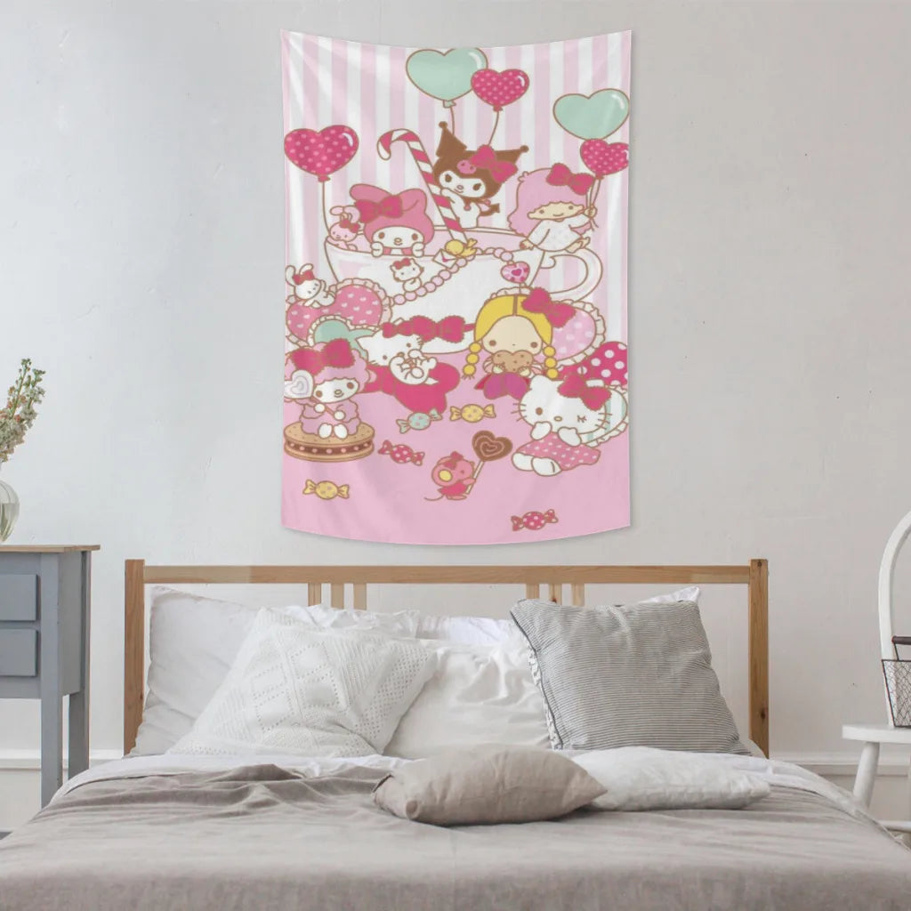 Cute Anime Sanrio Hello Kitty Kawaii Tapestries   Room Decoration Items Home Décor Bedroom Wall Decorating Cloth