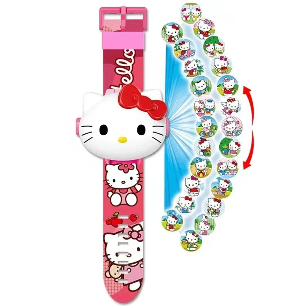 Hello Kitty Toys Set 3D Projection Digital Watch Cinnamoroll Kuromi Melody Anime Action Figures Model Toy Kid Gift