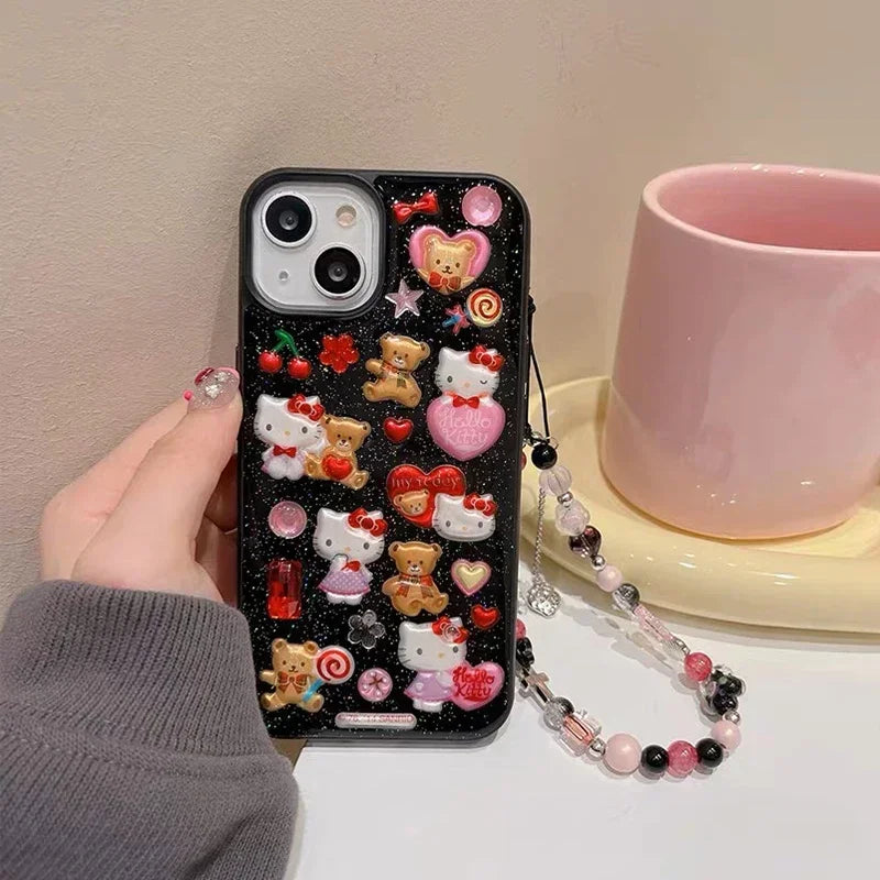 3D Cute Cartoon Y2K Hello Kitty Sticker Bling Glitter Phone Case For iPhone 16 15 14 13 12 11 Pro Max Shockproof Cover