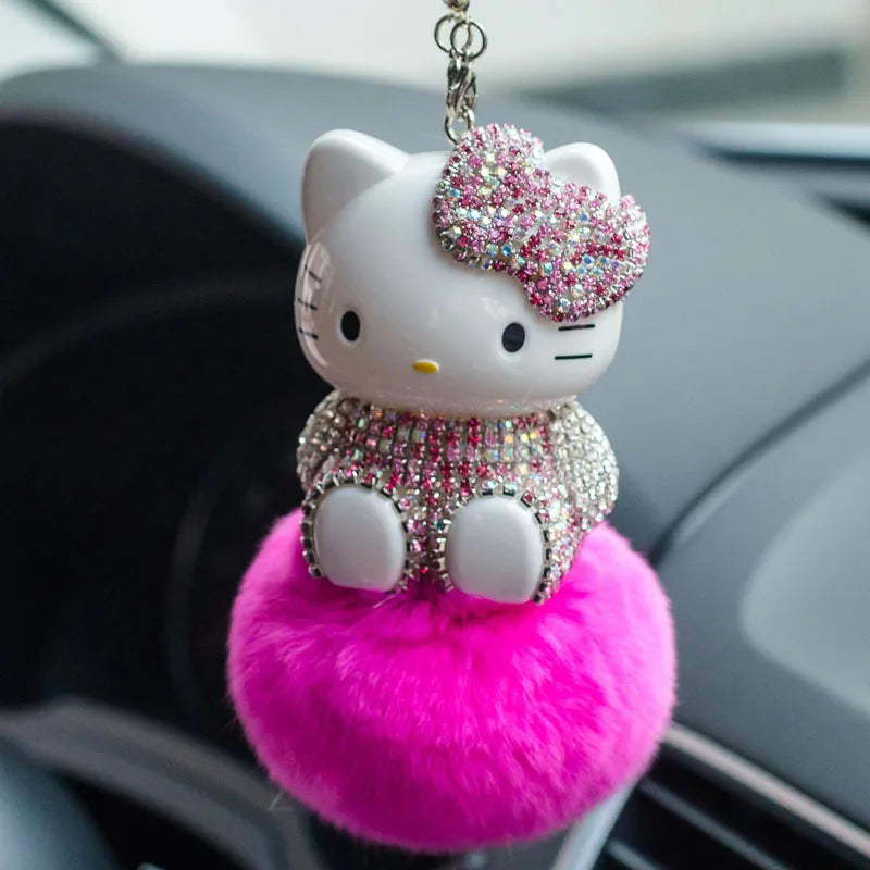 Kawaii Hello Kittys Plush Car Pendant Anime Kt Cat Hairball Diamond Ornaments Rear View Mirror Pendant Car Decor Accessories