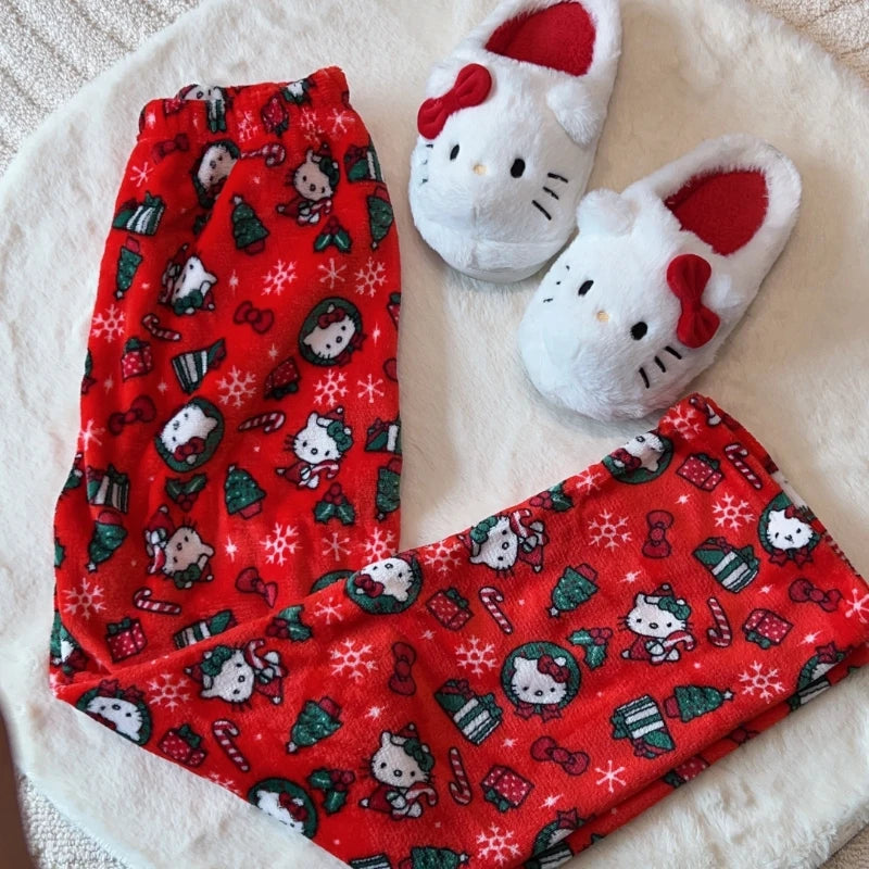 Hello Kitty Christmas Pajamas Pants Anime Sanrio 2024 New Flannel Men Women Winter Casual Trousers Ladies' Home Loose Pajamas