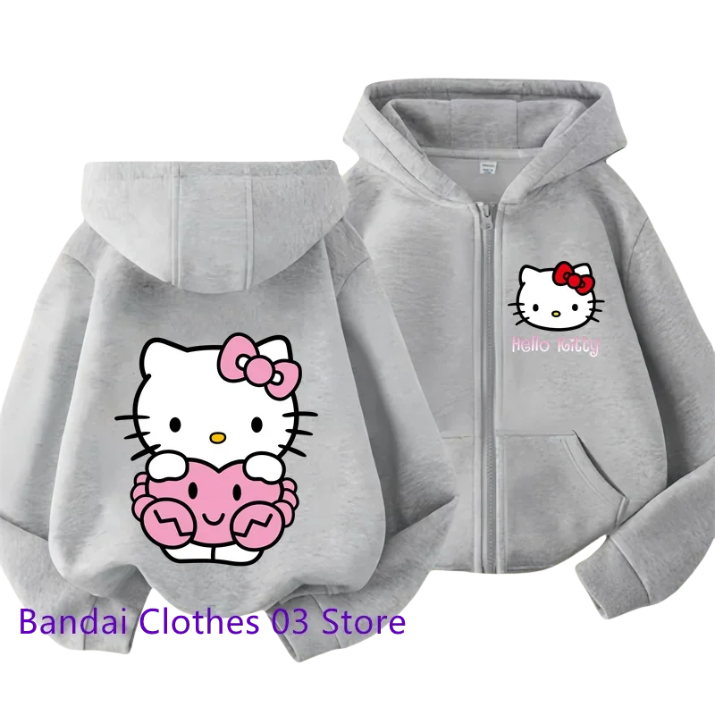 Cute Hello Kitty New Pin Zipper Hoodie Girls Sweatshirt Autumn/Winter Long Sleeve Jacket Harajuku Jumper Pin Casual Hoodie Top