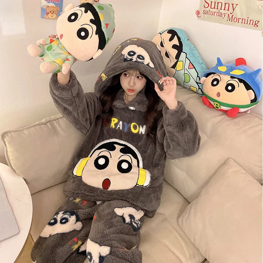 Crayon Shin-Chan Winter Pajama Set Thickened Coral Velvet Hooded Pajamas Set Cartoon Couple Style Pajama Set Holiday Gift Toy