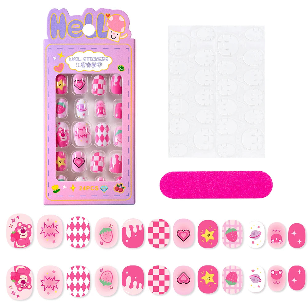 24Pcs Cartoon Hello Kitty Press on Nails Sanrio Series Pink/Blue/Purple Kuromi Kawaii Fake Nail for 6 years+ School Girl