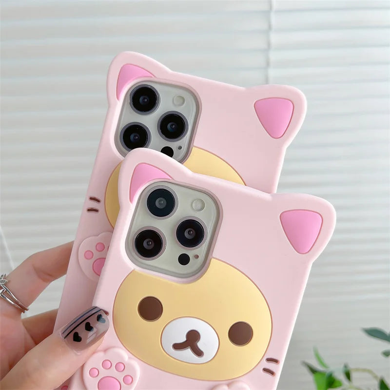 3D Cute Cartoon Pink Bear Soft Silicone Case for iPhone 14 13 11 12 Pro Max Mini XS XR X 6 6s 8 7 Plus 5 5s SE 2020 2022 Cover