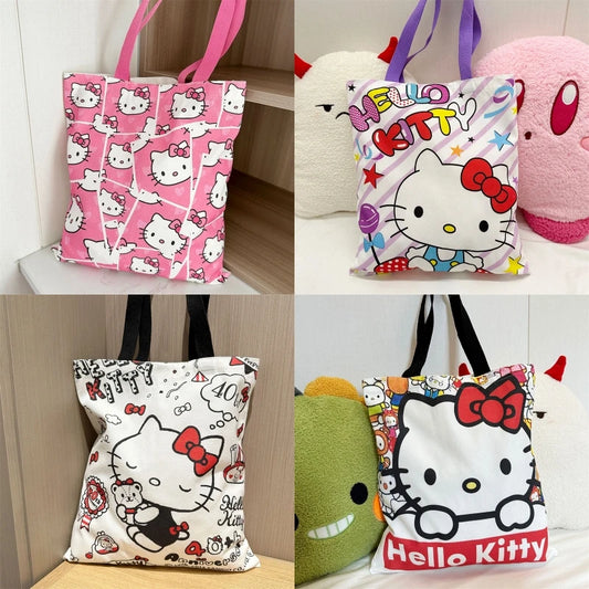 Hello Kitty Canvas Bag Kawaii Anime Student Portable Large Capacity Makeup Wash Commuting Cartoon Storage Bags Girls Gift