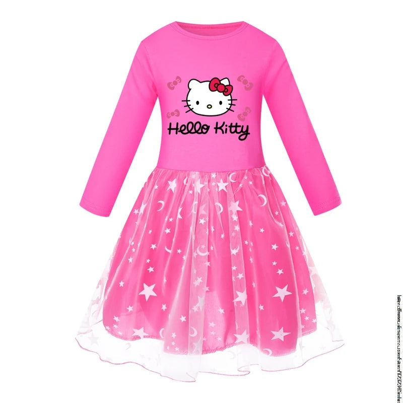 New Hello Kitty Kids Clothes Long Slevess Dresses Cotton Rainbow Full Dress Teen Cartoon Girl Clothing Party Clothes 2-7Years