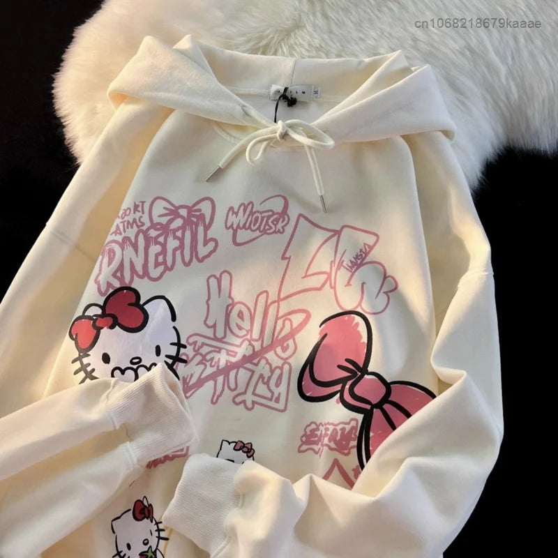 Hello Kitty New Print Tops Hooded Women Men Autumn Winter Aesthetic Loose Sweatshirts Y2k Cute Pullovers Fashion Clothes