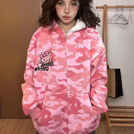 Streetwear Women Original Hello Kitty Zip Hoodie Girl Loose Campus Couple Cardigan Coat Y2k Clothes Oversized Sweatshirt