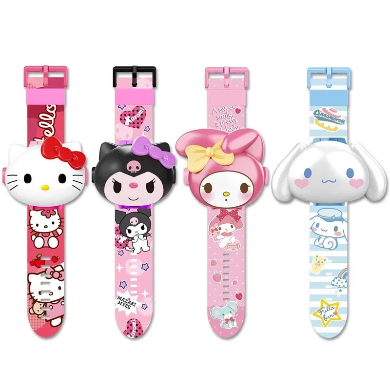 Hello Kitty Toys Set 24 Style 3D Projection Digital Watch Cinnamoroll Kuromi Melody Anime Action Figure Model Toy For Kid