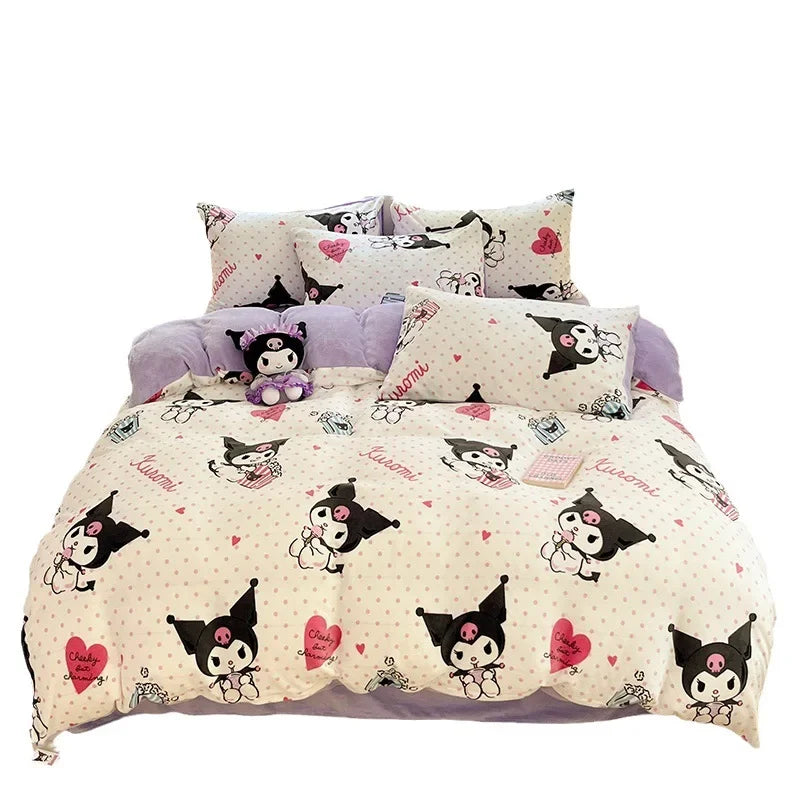 Winter Milk Velvet Bedding Set Hello Kitty Melody Kuromi Thickening Warm Flannel Queen Duvet Cover Bed Sheet Pillowcase