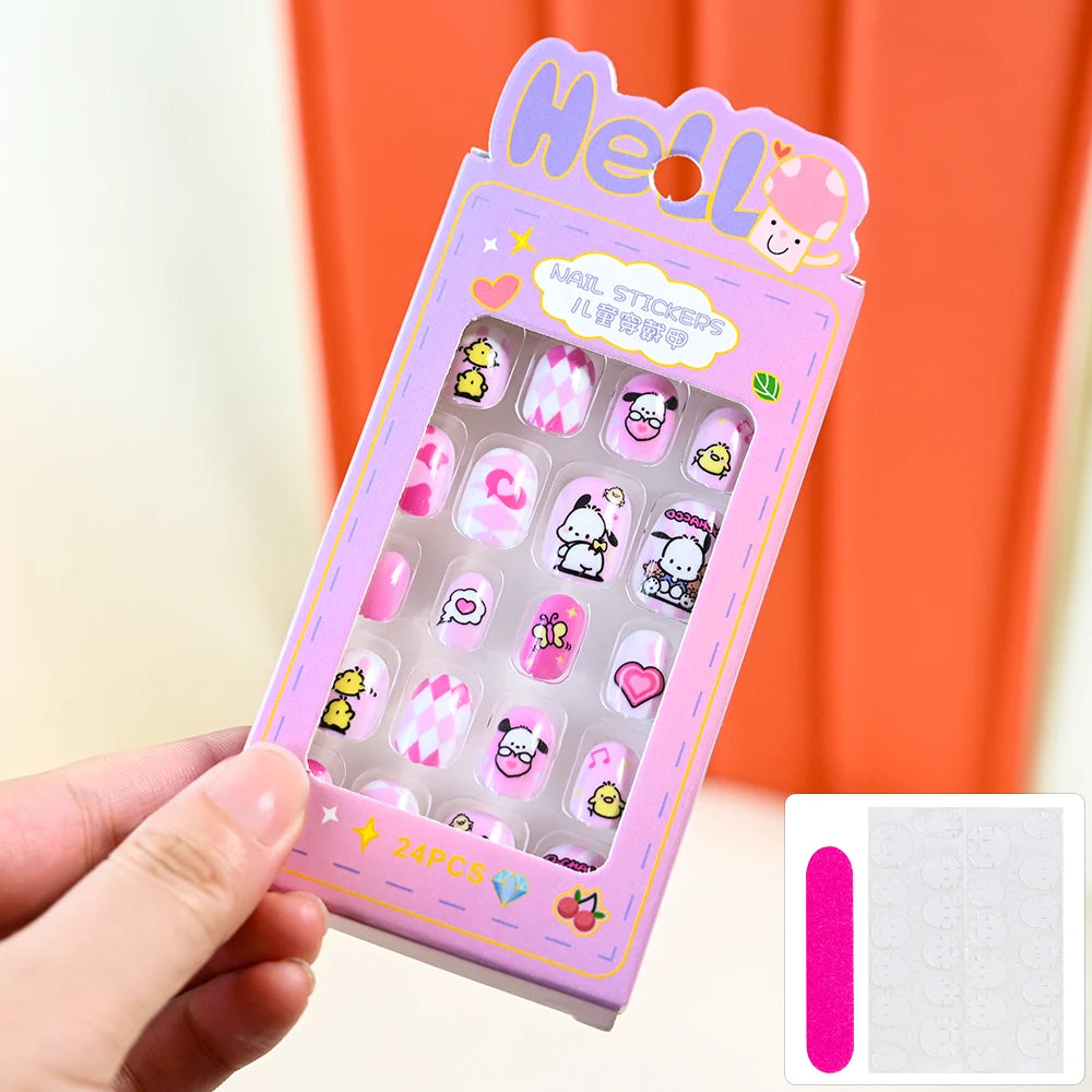 24Pcs Cartoon Hello Kitty Press on Nails Sanrio Series Pink/Blue/Purple Kuromi Kawaii Fake Nail for 6 years+ School Girl