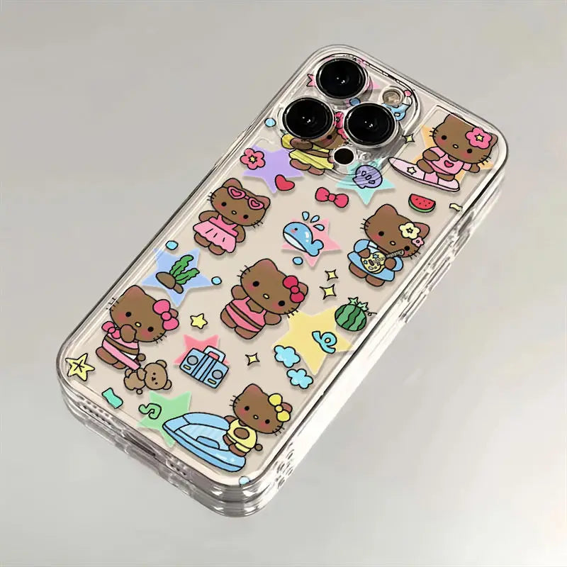 Hello Kitty Full Screen Black Skin KT Phone Case For iPhone 16 15 14 13 12 11 Pro Max XS Max 7 8 Plus Transparent Cover