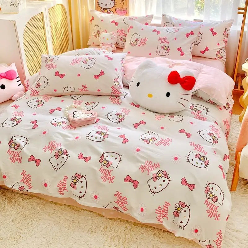 Cute Hello Kitty simple and sweet cartoon printed soft and comfortable pure cotton bed sheet and quilt cover three-piece set