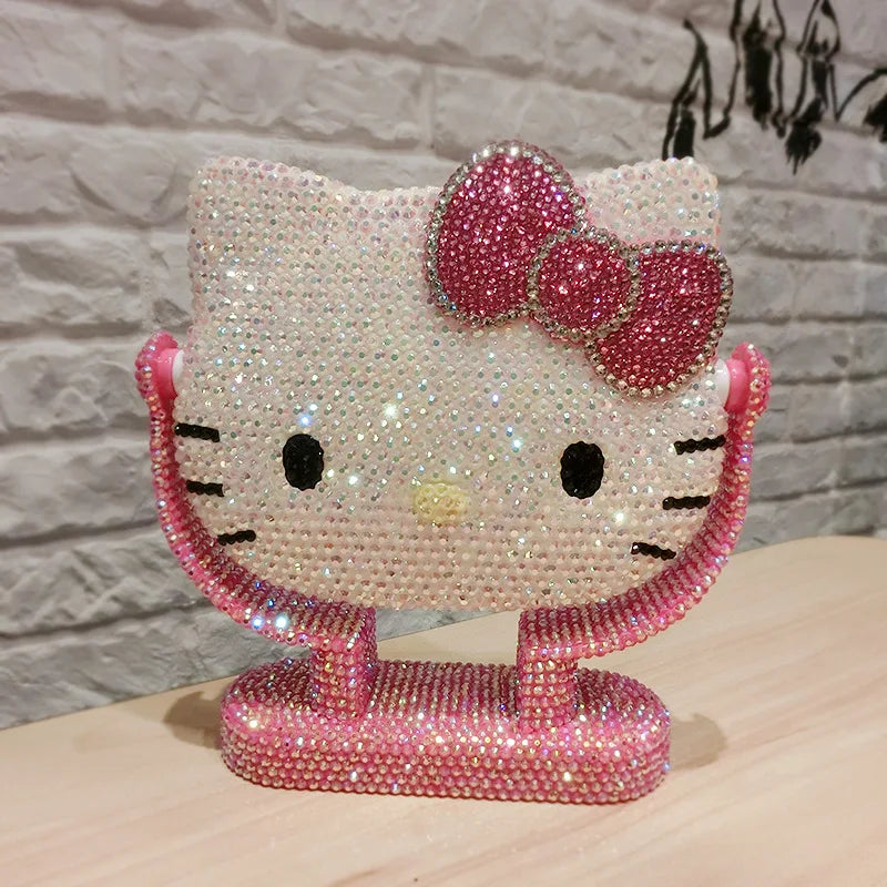 Hello Kitty Vanity Mirror Cartoon Shiny Rhinestones Beauty Handheld Mirror Diamond Pink Girls Flip Girl Gift