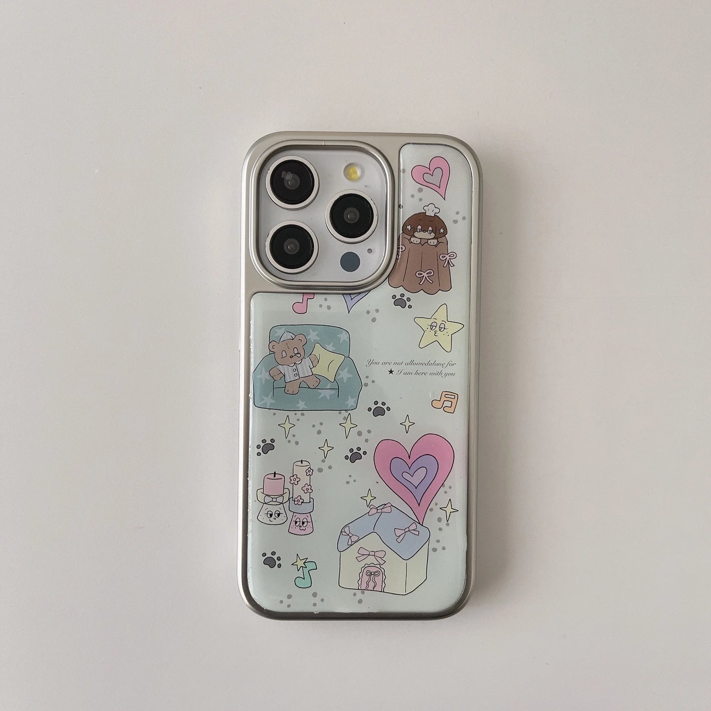 Cartoon INS Electroplated Frame Bear & House Shockproof Phone Case for iPhone 16 15 14 13 Pro Max Back Phone Cover Capa