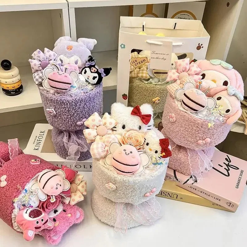 Hello Kitty Bouquet Cute Cartoon Plush Doll Flower Cinnamoroll Kuromi My Melody Toys Flower Girl & Child Holiday Gifts