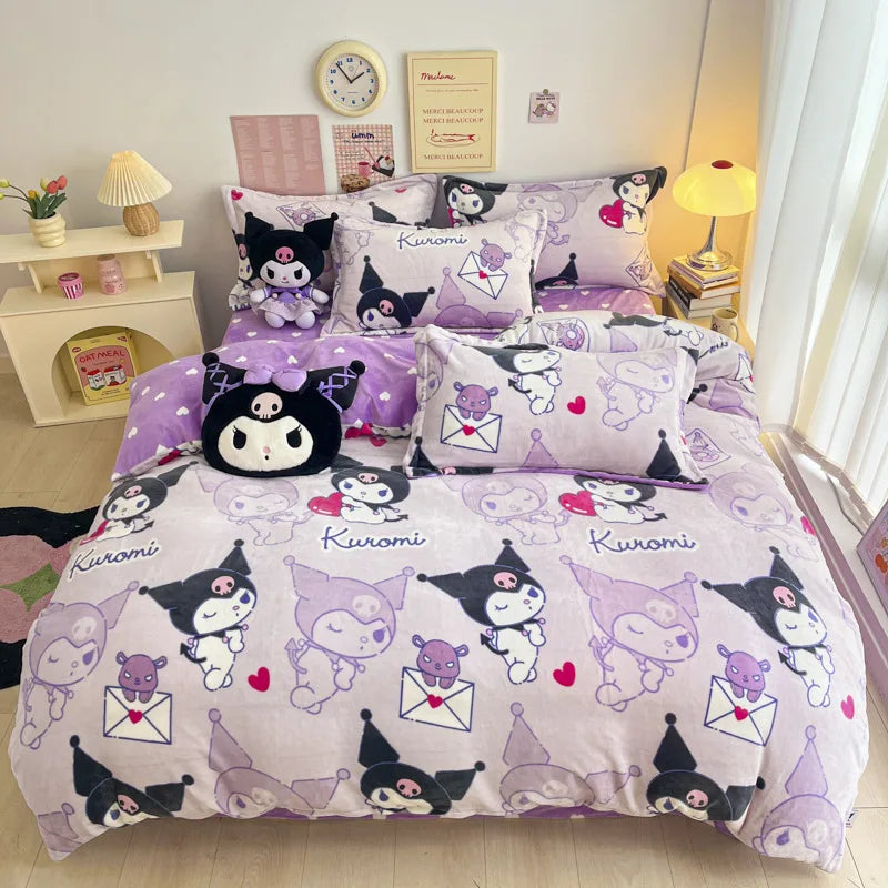 Double Sided Velvet Bedding Set Melody Kuromi Hello Kitty Winter Flannel Single Double Queen King Quilt Cover Bed Sheet