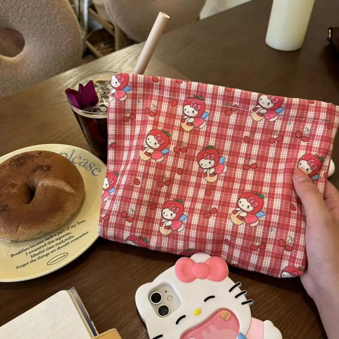 Kawaii Hello Kitty Canvas Zipper Makeup Bag Cute Cartoon Printed Checkered Travel Storage Bag Casual Lunch Bento Handbag